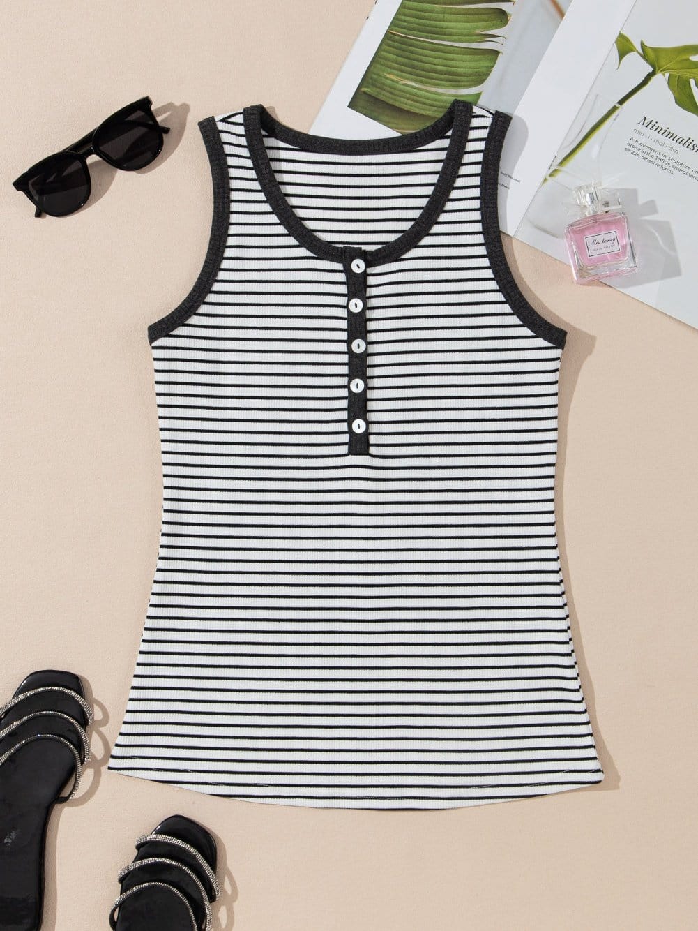 Classic White Striped Ribbed Knit U Neck Tank Top