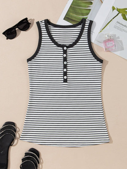 Classic White Striped Ribbed Knit U Neck Tank Top