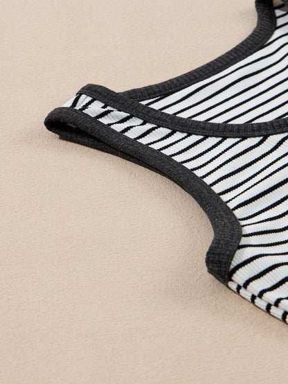 Classic White Striped Ribbed Knit U Neck Tank Top