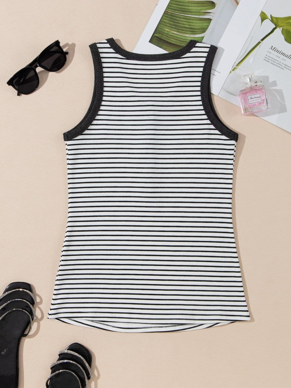 Classic White Striped Ribbed Knit U Neck Tank Top