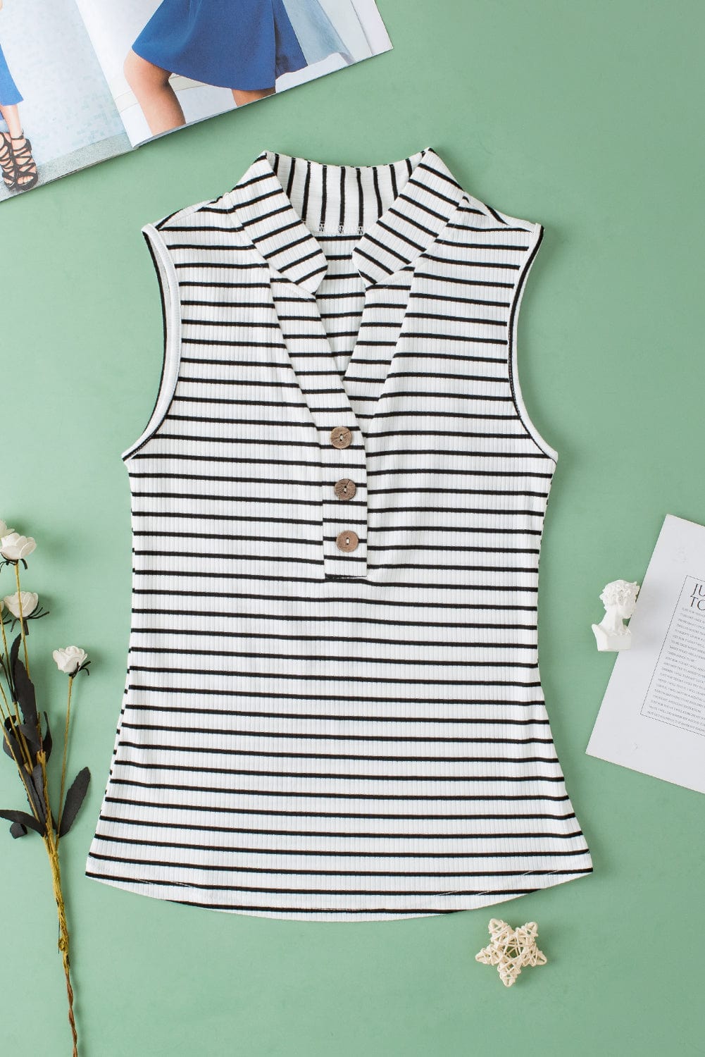 Classic White Striped V Neck Tank Top with Button Detail