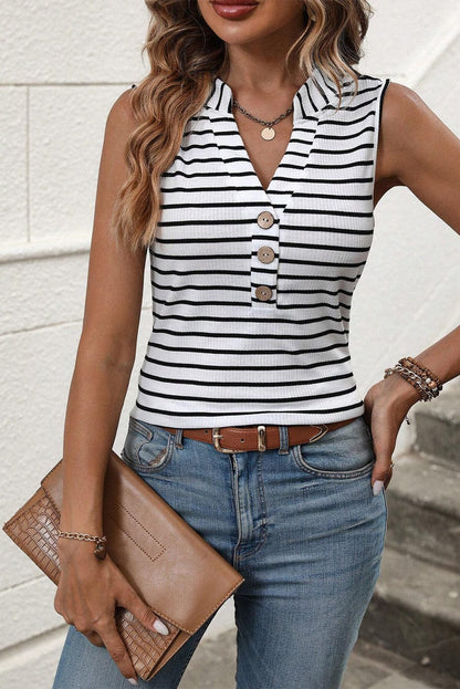 Classic White Striped V Neck Tank Top with Button Detail