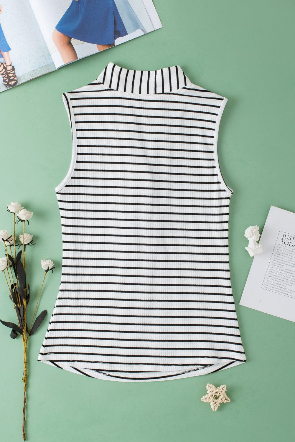 Classic White Striped V Neck Tank Top with Button Detail