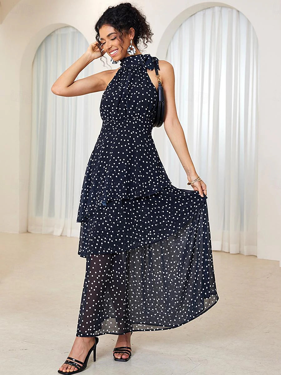 Women's Chiffon A Line Dress Layered Halter Neck Maxi Dress Elegant Party Date Sleeveless Summer