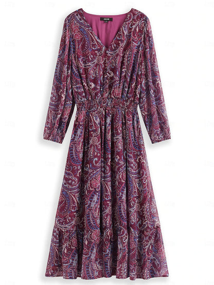 Women's Paisley Metallic Crinkle Chiffon Elastic Waist Midi Dress