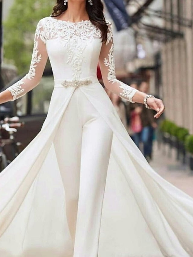 Hall Casual Wedding Dresses Jumpsuits Illusion Neck Long Sleeve Floor Length Lace Bridal Gowns With Sashes / Ribbons Crystals 2023 Summer Wedding Party, Women's Clothing - LuckyFash™
