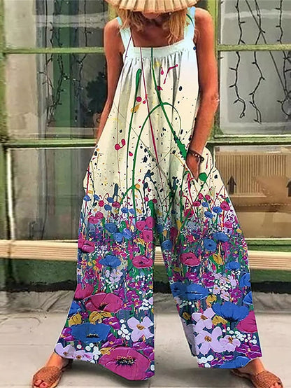 Jumpsuits for Women Summer Overall Pocket Print Floral Square Neck Casual Daily Holiday Regular Fit Sleeveless Black Yellow Blue S M L - LuckyFash™