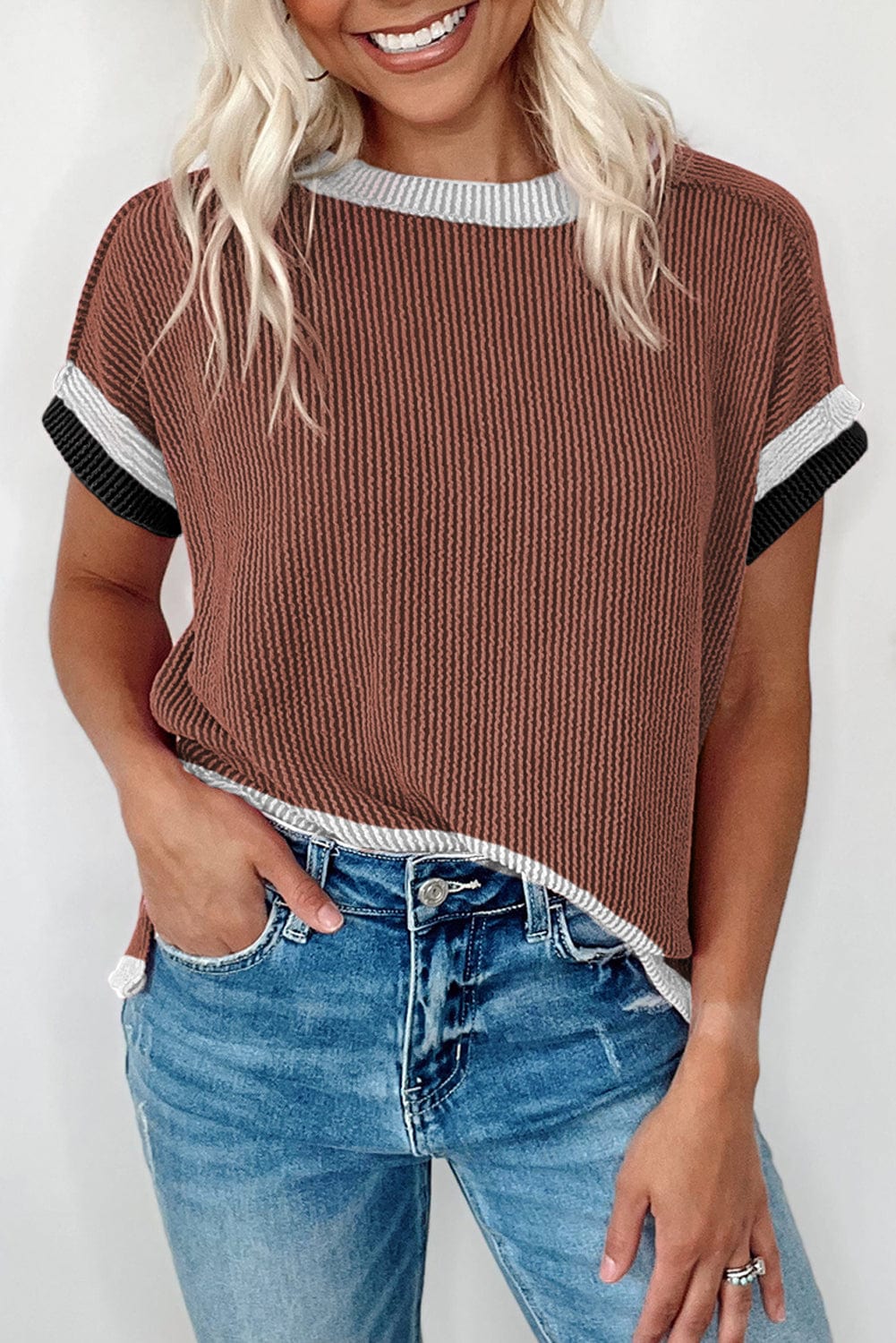 Coffee Contrast Trim Textured Round Neck Tee