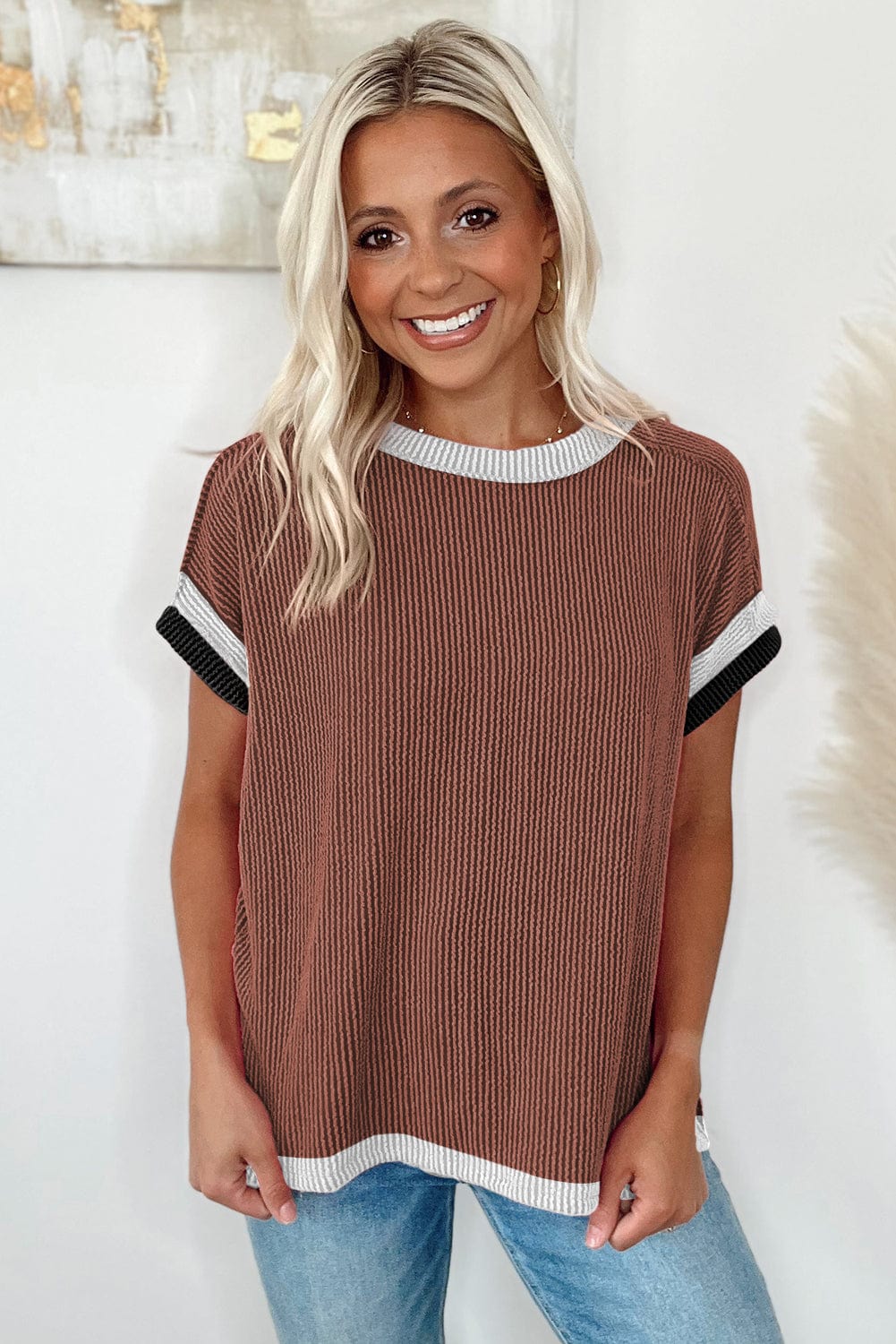 Coffee Contrast Trim Textured Round Neck Tee