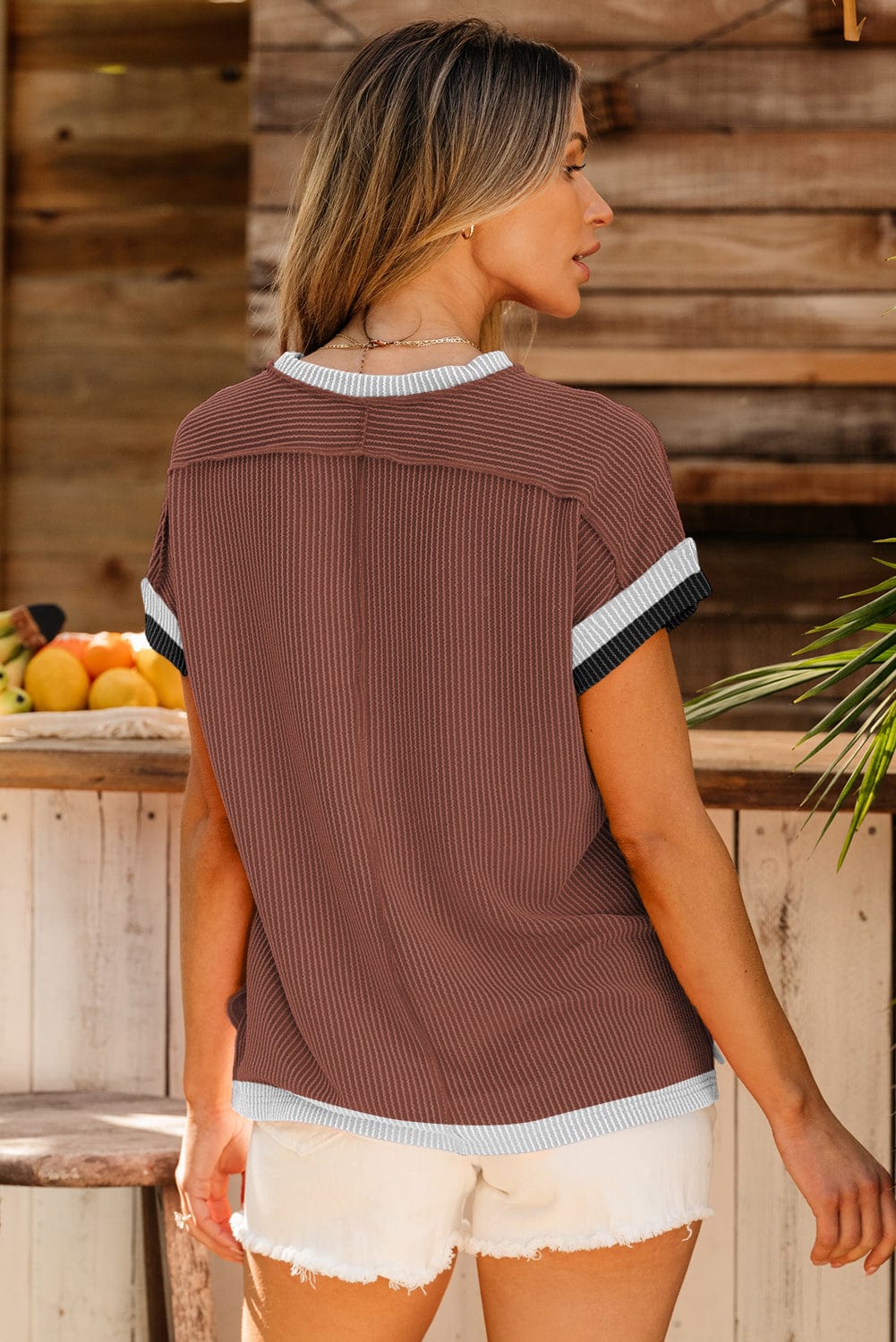 Coffee Contrast Trim Textured Round Neck Tee