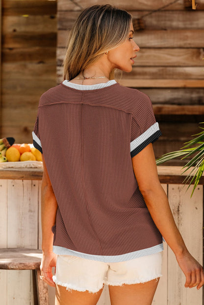 Coffee Contrast Trim Textured Round Neck Tee