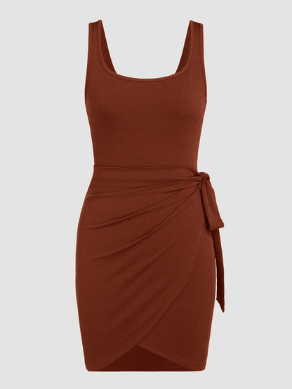 Coffee Sleeveless Mini Dress with Knot Detail