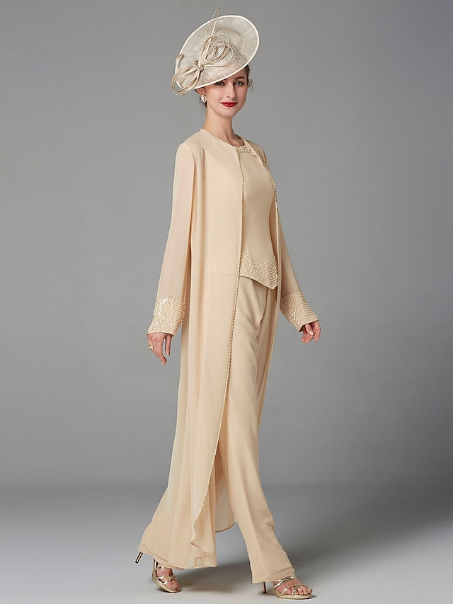 Jumpsuit / Pantsuit 3 Piece Mother of the Bride Dress Formal Plus Size Elegant Wrap Included Bateau Neck Floor Length Chiffon Sleeveless with Beading Appliques 2023 - LuckyFash™