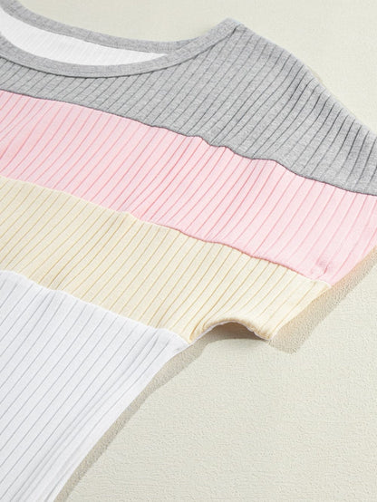 Color Block Patchwork Ribbed White T-shirt