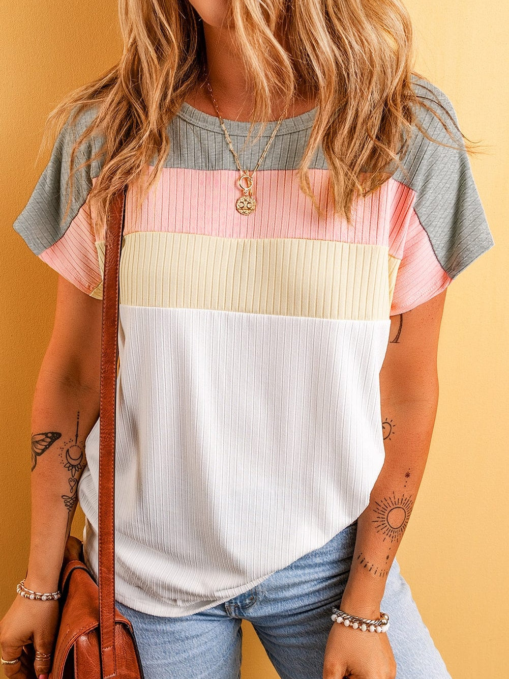 Color Block Patchwork Ribbed White T-shirt