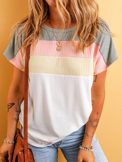 Color Block Patchwork Ribbed White T-shirt