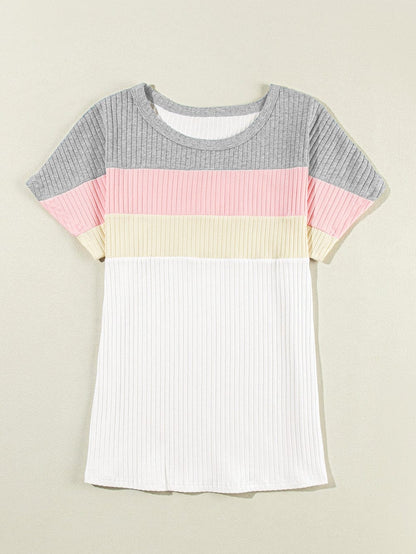 Color Block Patchwork Ribbed White T-shirt