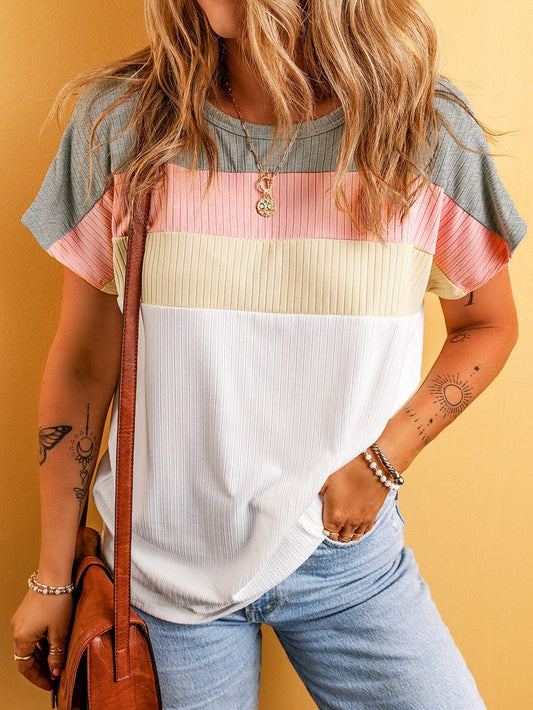 Color Block Patchwork Ribbed White T-shirt