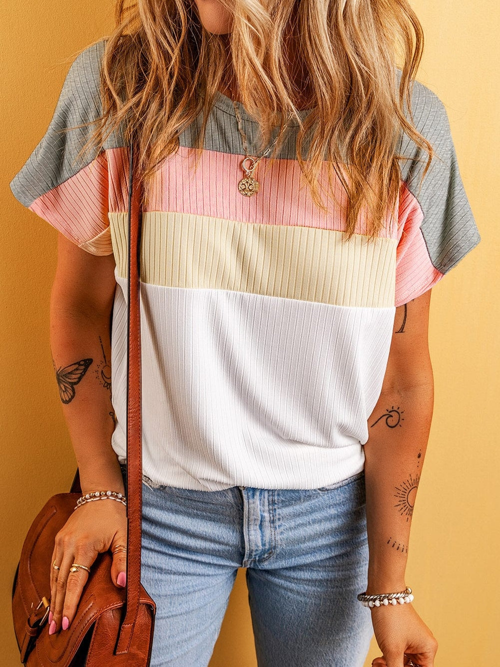 Color Block Patchwork Ribbed White T-shirt