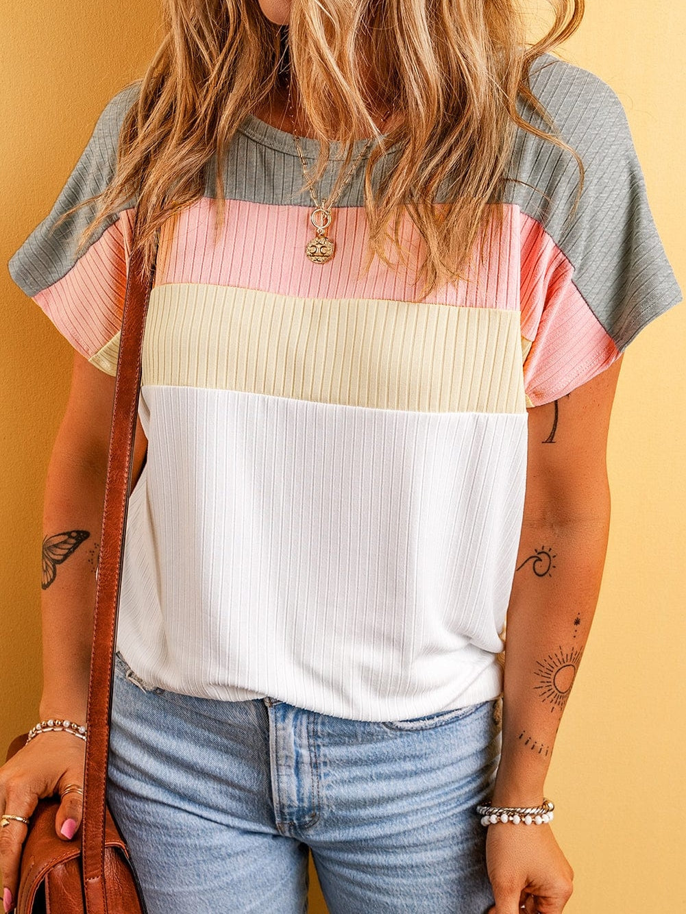 Color Block Patchwork Ribbed White T-shirt
