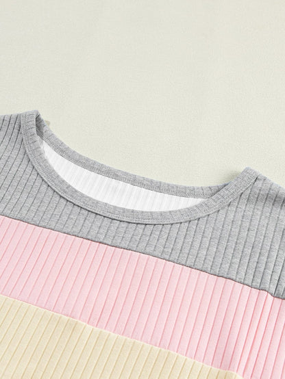 Color Block Patchwork Ribbed White T-shirt