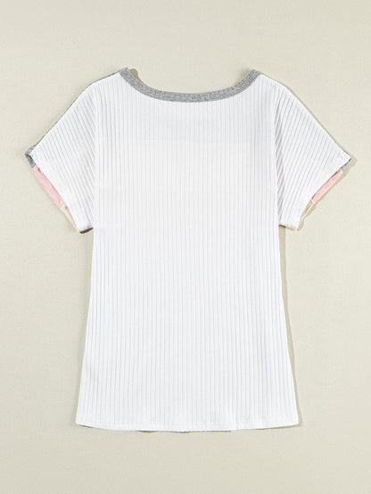Color Block Patchwork Ribbed White T-shirt