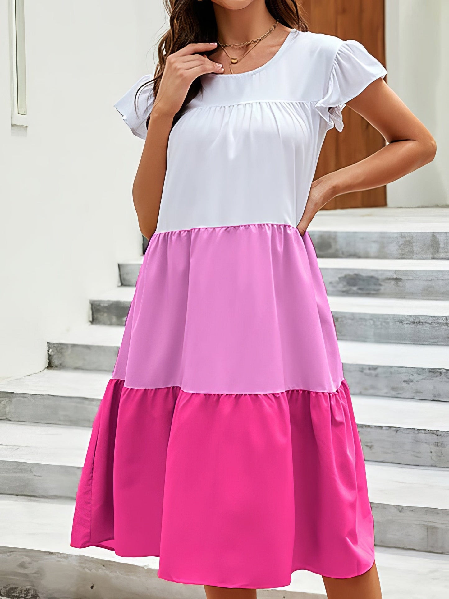 Color Block Round Neck Mini Dress with Ruffled Sleeves