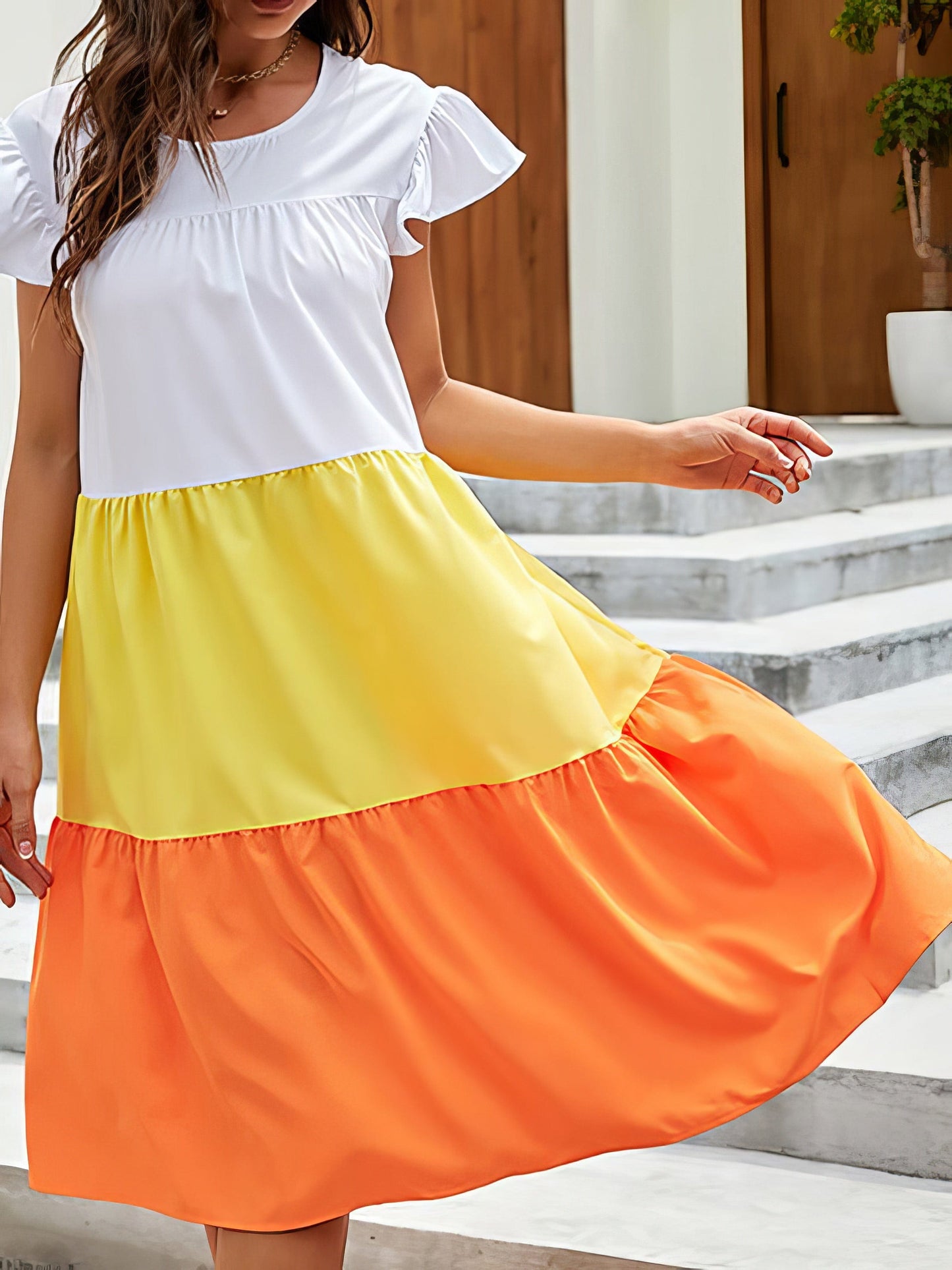 Color Block Round Neck Mini Dress with Ruffled Sleeves