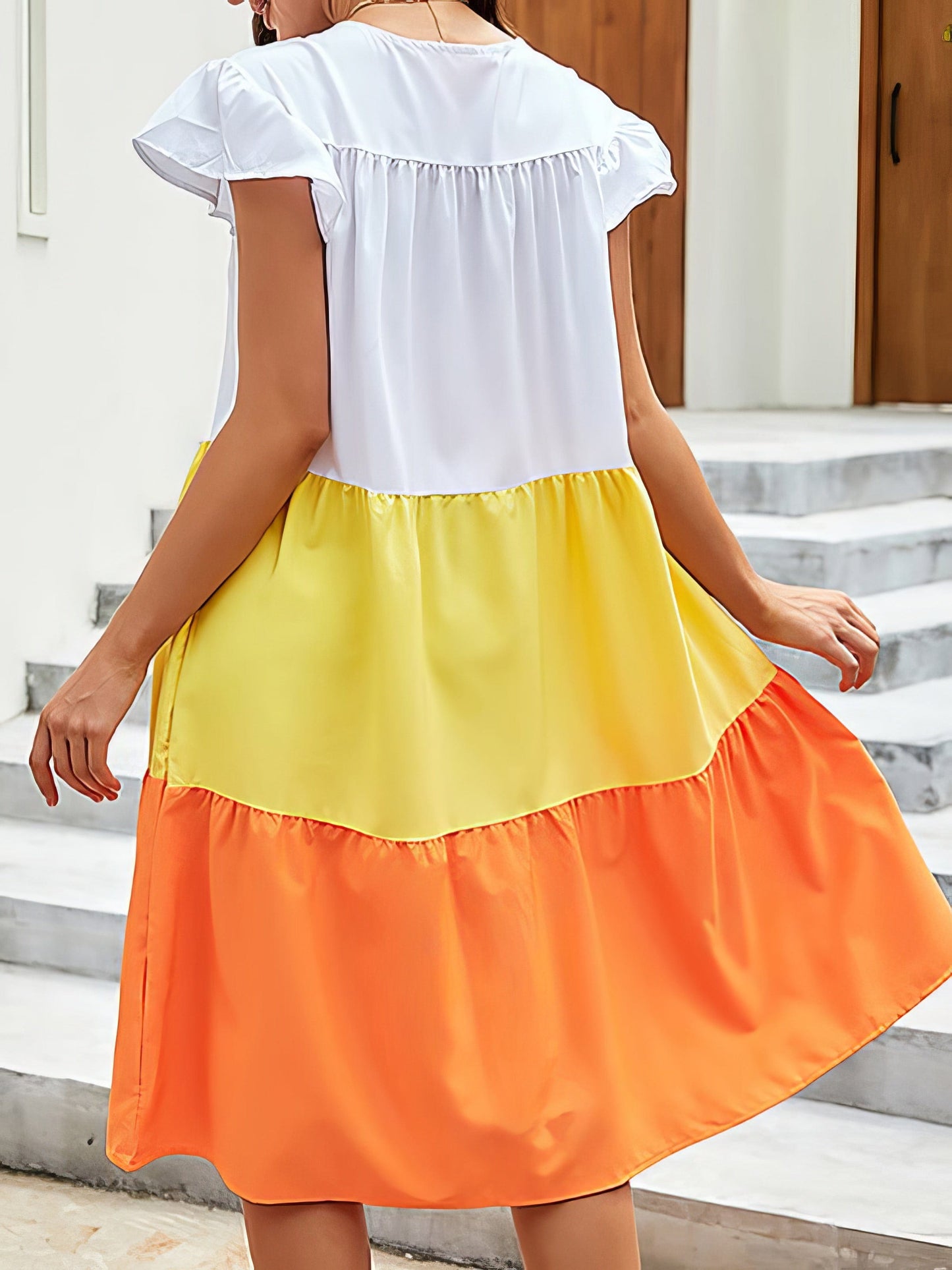 Color Block Round Neck Mini Dress with Ruffled Sleeves