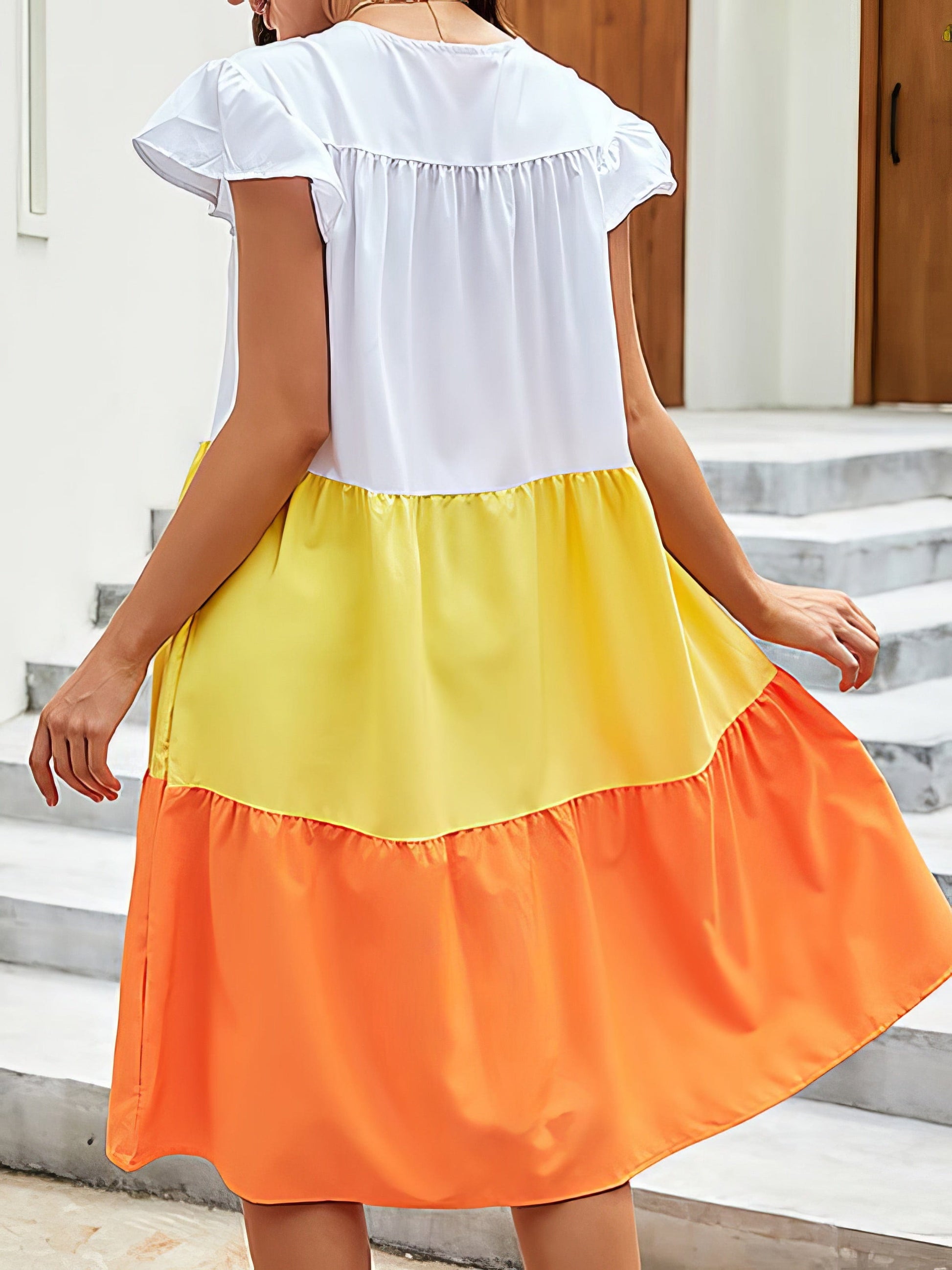 Color Block Round Neck Mini Dress with Ruffled Sleeves