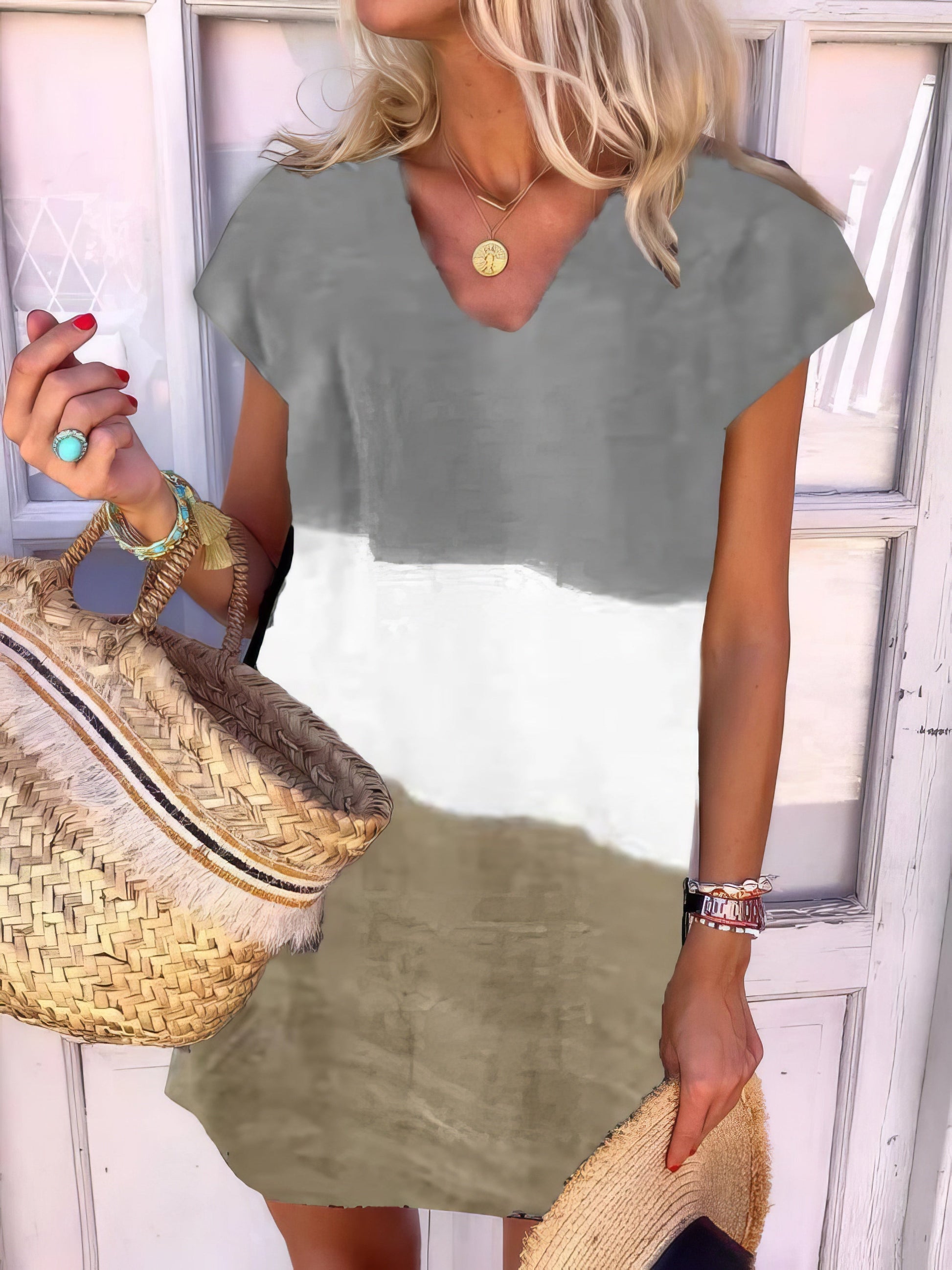 Mini Dresses - Color Block V Neck Short Sleeve Dress - MsDressly