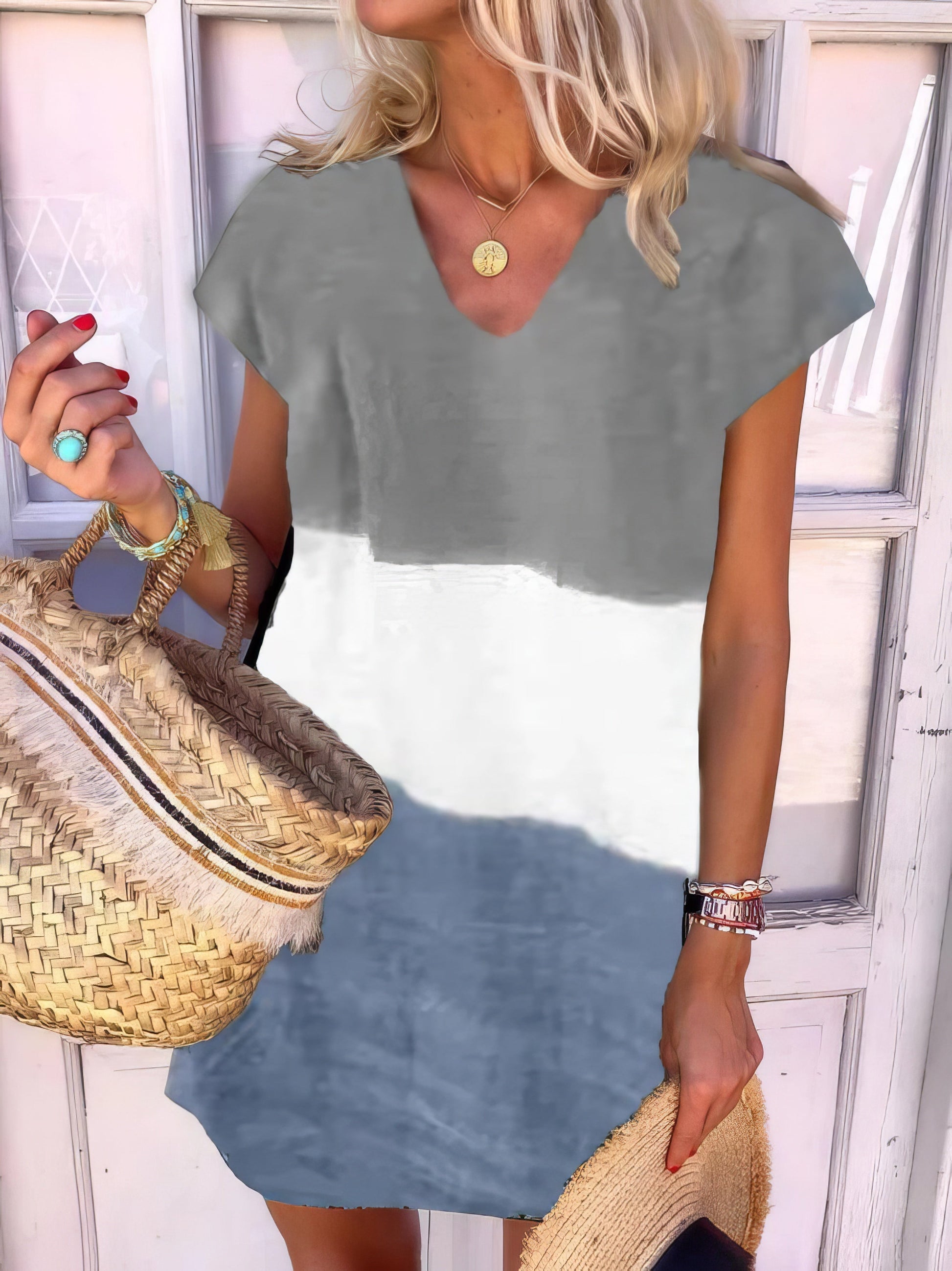 Mini Dresses - Color Block V Neck Short Sleeve Dress - MsDressly