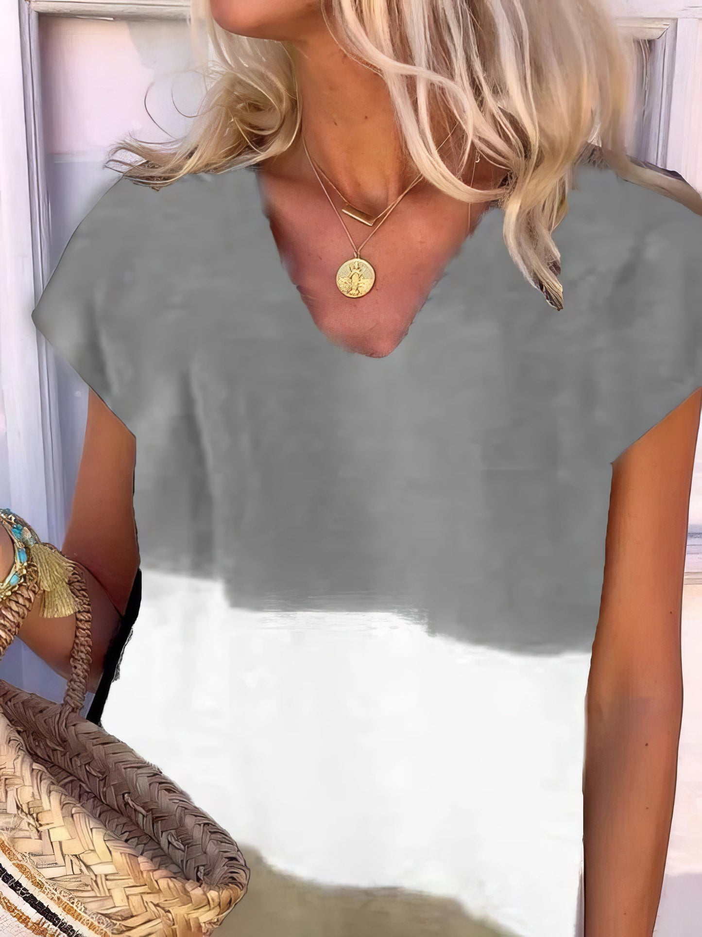 Mini Dresses - Color Block V Neck Short Sleeve Dress - MsDressly