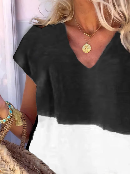 Mini Dresses - Color Block V Neck Short Sleeve Dress - MsDressly