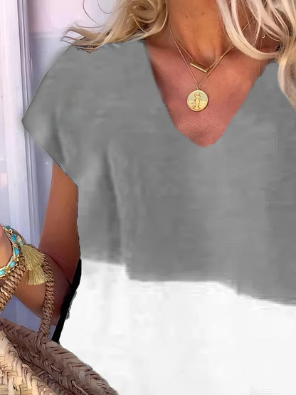 Mini Dresses - Color Block V Neck Short Sleeve Dress - MsDressly