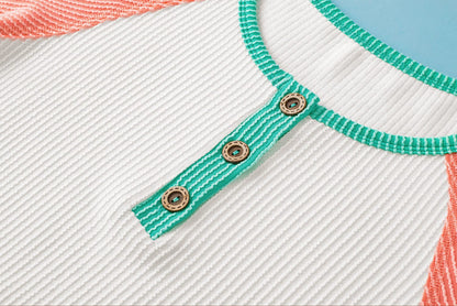 Colorblock Raglan Sleeve Textured White Henley T-shirt