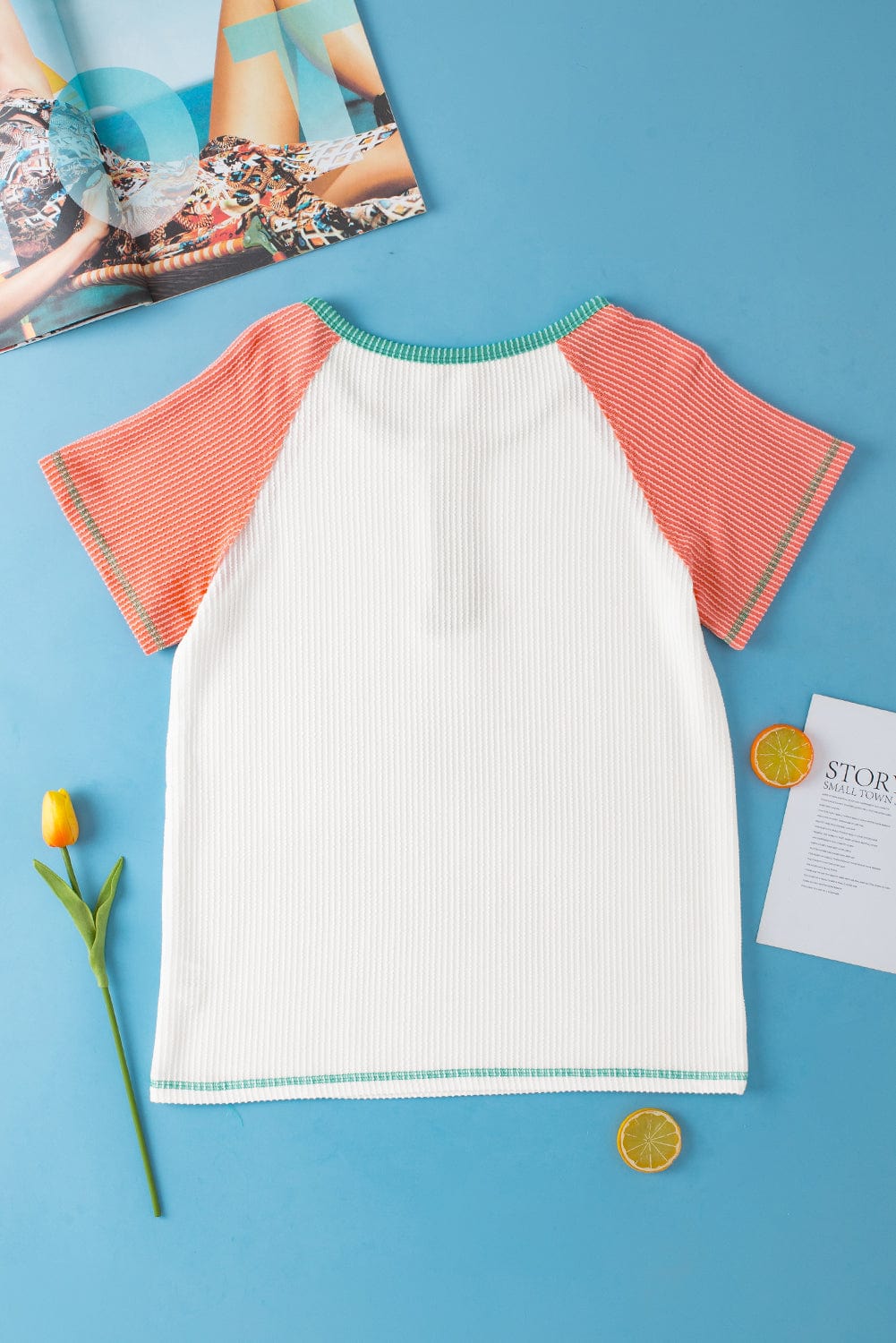 Colorblock Raglan Sleeve Textured White Henley T-shirt