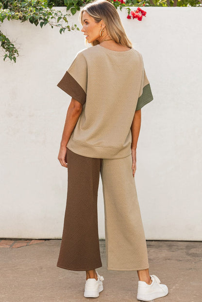 Colorblock Ribbed Textured Tee and Wide Leg Pants Set