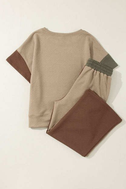 Colorblock Ribbed Textured Tee and Wide Leg Pants Set