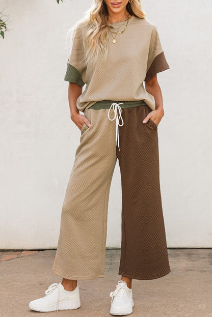 Colorblock Ribbed Textured Tee and Wide Leg Pants Set