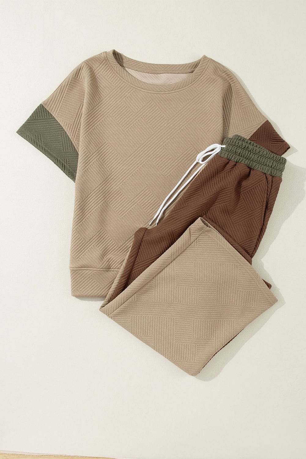 Colorblock Ribbed Textured Tee and Wide Leg Pants Set