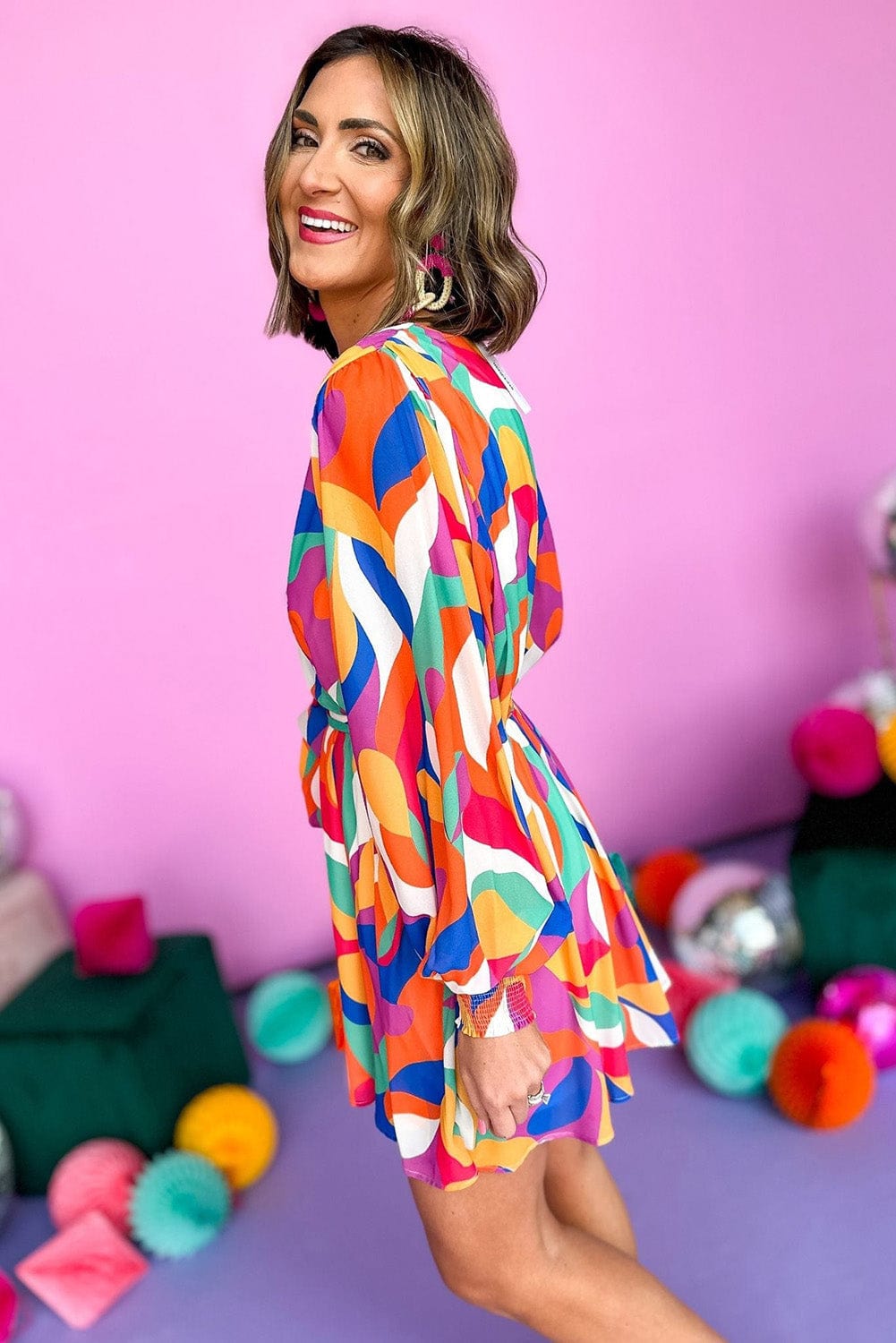 Colorful Abstract Print Cinched Waist Puffy Sleeve Short Dress