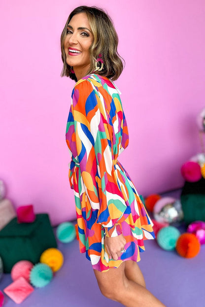 Colorful Abstract Print Cinched Waist Puffy Sleeve Short Dress