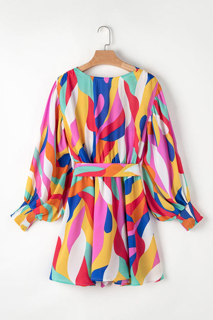 Colorful Abstract Print Cinched Waist Puffy Sleeve Short Dress