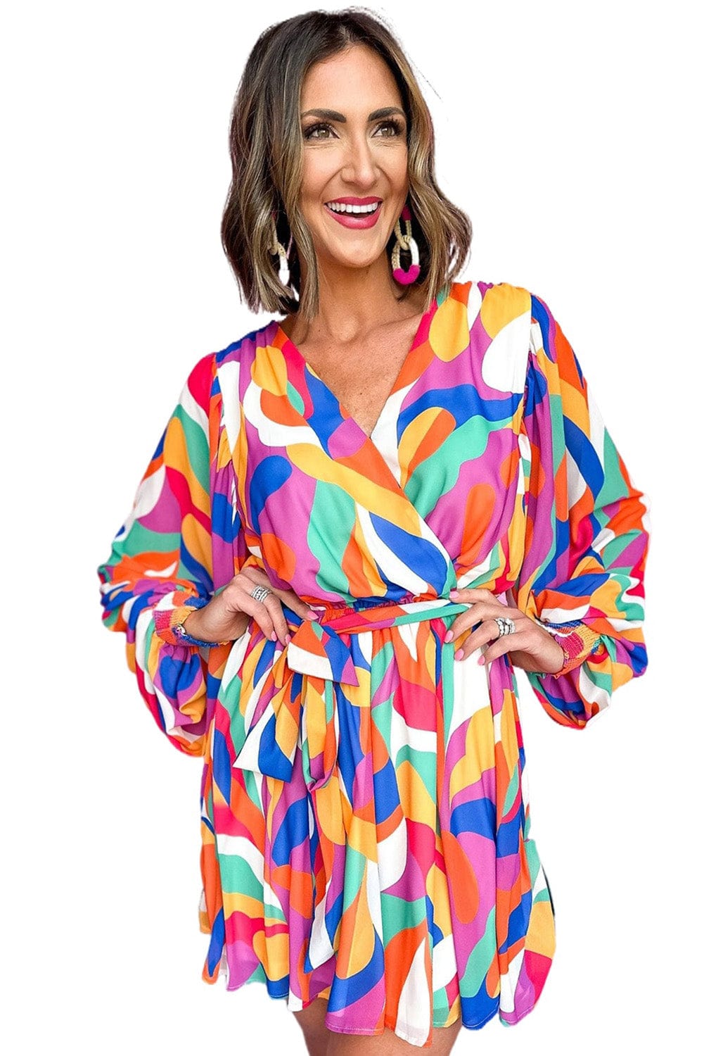 Colorful Abstract Print Cinched Waist Puffy Sleeve Short Dress