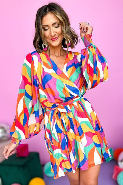 Colorful Abstract Print Cinched Waist Puffy Sleeve Short Dress