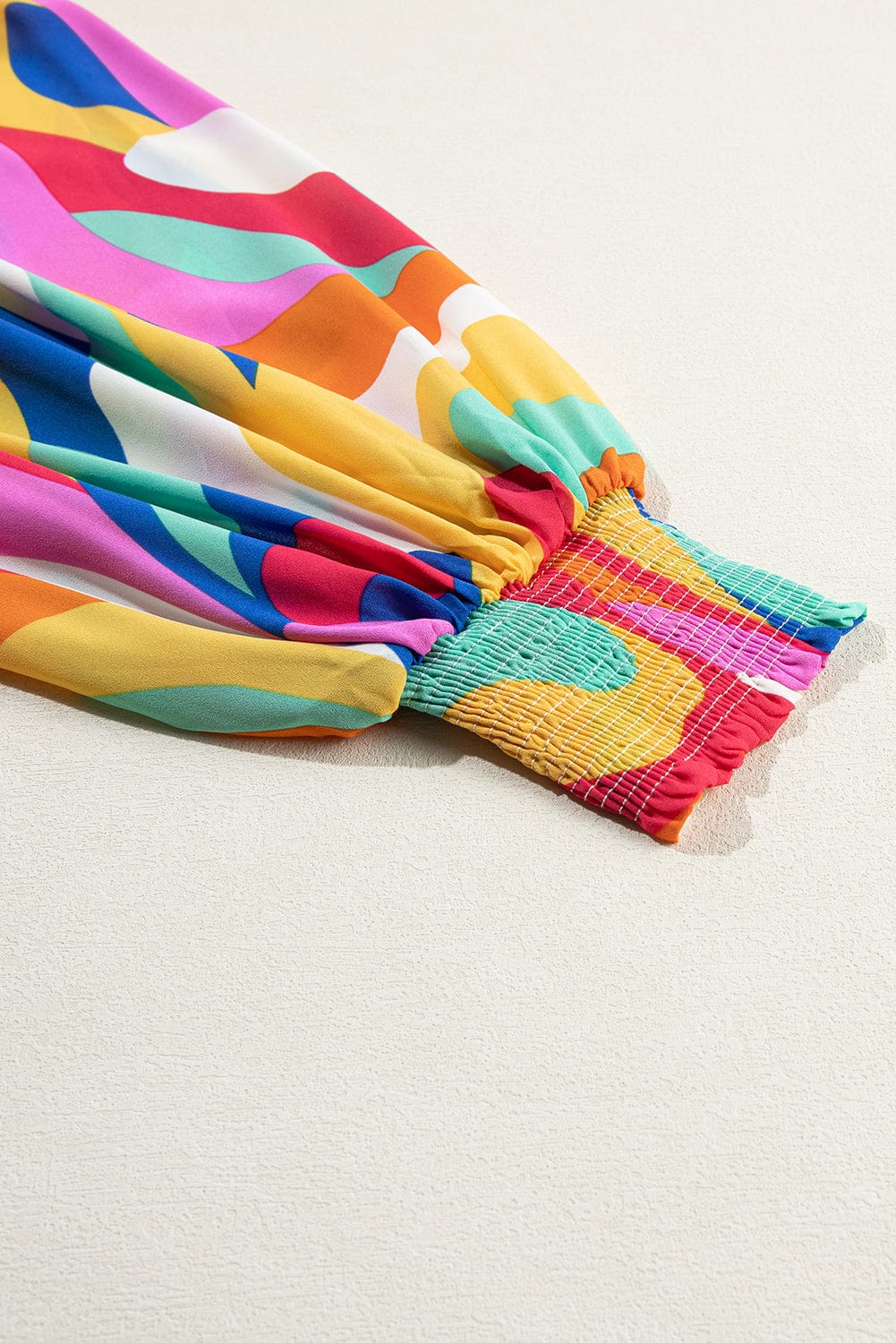 Colorful Abstract Print Cinched Waist Puffy Sleeve Short Dress