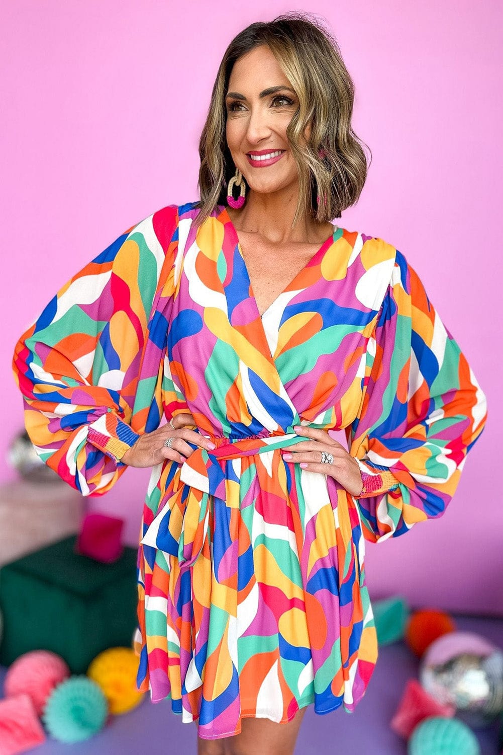 Colorful Abstract Print Cinched Waist Puffy Sleeve Short Dress