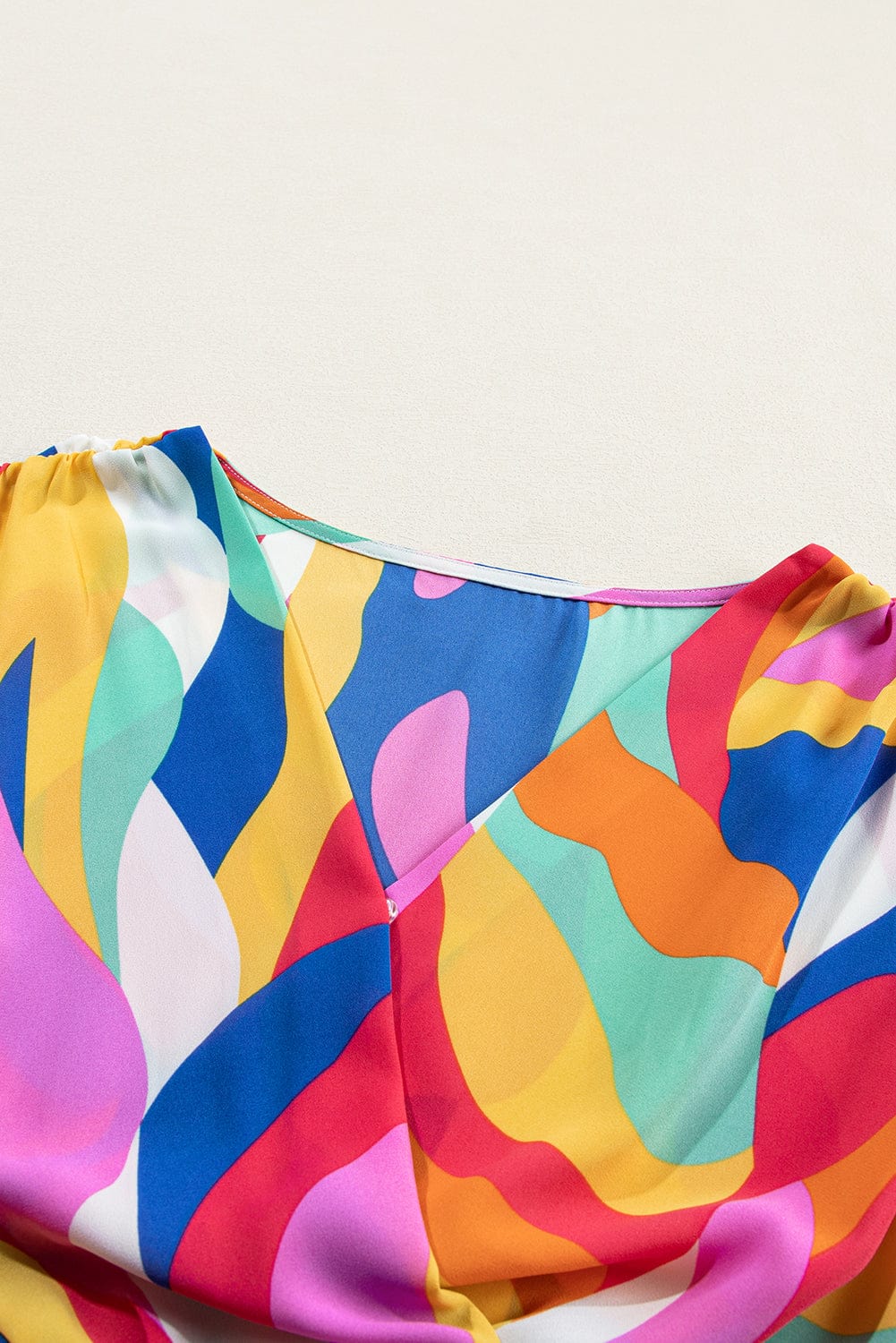 Colorful Abstract Print Cinched Waist Puffy Sleeve Short Dress