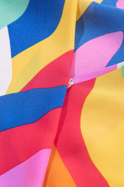 Colorful Abstract Print Cinched Waist Puffy Sleeve Short Dress